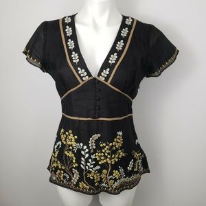 Sundance V-Neck Black Embroidered Blouse Top Size 4